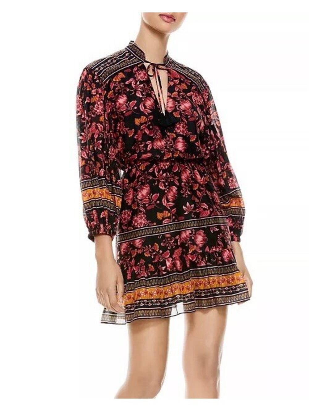 Alice and Olivia Sedona Printed Tie Neck Mini Dress Fall into you Black Multi 0
